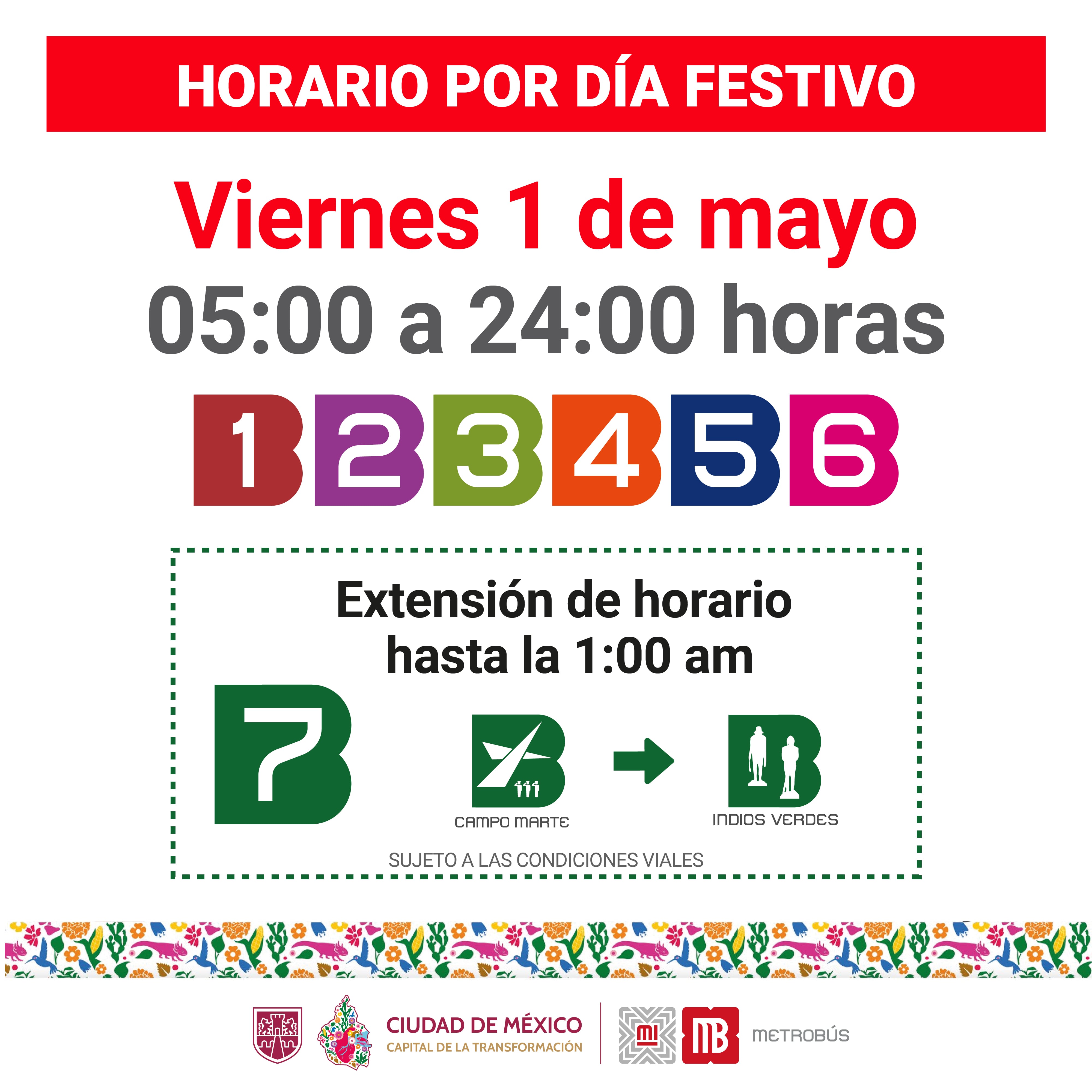 Horario de servicio para este viernes 1 de mayo de 2026 (MetrobusCDMX)