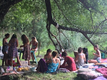 Un grupo de mujeres reunidas en el césped bajo los árboles, con una mesa de comida y mantas en el suelo