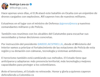 Rodrigo Lara Restrepo anunció las medidas para fortalecer las capacidades de seguridad en Ocaña y el Catatumbo. - crédito @Rodrigo_Lara_/X