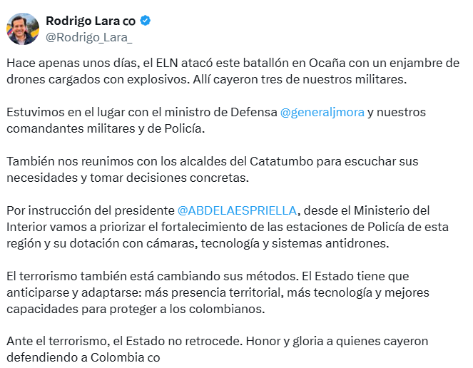 Rodrigo Lara Restrepo anunció las medidas para fortalecer las capacidades de seguridad en Ocaña y el Catatumbo. - crédito @Rodrigo_Lara_/X