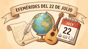 Cinta con texto "EFEMÉRIDES DEL 22 DE JULIO". Globo terráqueo, pergamino, pluma, guitarra, calendario con 22 de julio, barco, libro, corona.