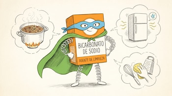 Caricatura de una caja de bicarbonato de sodio con capa verde y antifaz azul en pose de superhéroe, con burbujas de una olla, refrigerador y esponja limpiando.