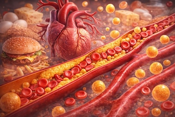 Ilustración de un corazón y una arteria con acumulación de placa de colesterol y glóbulos rojos. Se ven alimentos como hamburguesa, papas fritas, queso y huevos.