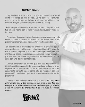 Imagen en blanco y negro con el texto de un comunicado a la izquierda y la fotografía del cantante Lupillo Rivera a la derecha