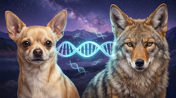 Un chihuahua y un coyote colocados a los lados de una estructura de ADN luminosa ante un paisaje nocturno de montañas y estrellas.