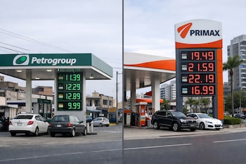 Una imagen comparativa de dos gasolineras: la de la izquierda es Petrogroup con precios bajos, y la de la derecha es Primax con precios altos. Se observan varios autos y edificios.
