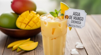 Primer plano de un vaso alto con agua de mango cremosa y cubitos de hielo, adornado con menta y una rodaja de mango, sobre una mesa de madera.