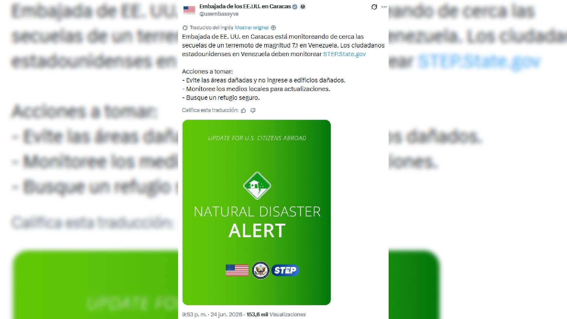 La Embajada de Estados Unidos en Caracas emite una alerta por desastre natural para ciudadanos estadounidenses en Venezuela tras un terremoto de magnitud 7.1 (@usembassyve)