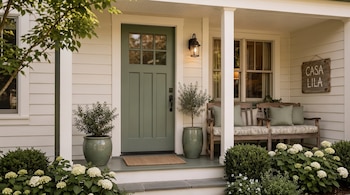 Entrada de una casa de madera con porche, puerta verde, dos maceteros grandes, un banco con cojines y un cartel que dice Casa Lila.