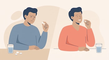 Ilustración de una persona con expresión de malestar sosteniendo una pastilla blanca; a su lado, la misma persona con expresión de alivio. Incluye un vaso de agua y más pastillas.