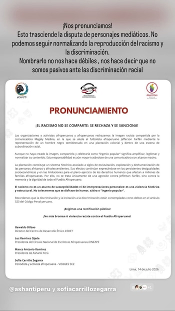 Jefferson Farfán compartió en redes un comunicado de organizaciones afroperuanas tras la polémica por un video difundido por Magaly Medina.