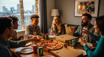 Cinco amigos sentados en una mesa de comedor de madera, comiendo pizza y bebiendo refrescos. Luces parpadeantes decoran la ventana con vista a una ciudad.