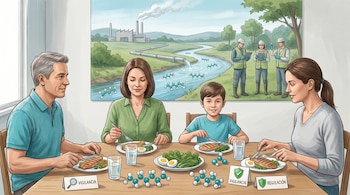 Una familia de cuatro personas come en una mesa, con moléculas PFAS y carteles de 'Vigilancia' y 'Regulación'. Al fondo, un mural con una fábrica, un río y técnicos ambientales.