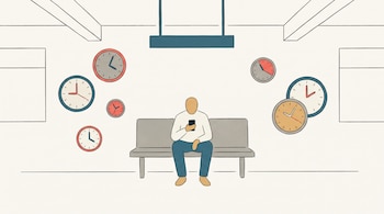 Ilustración de una persona sentada en una banca, viendo un teléfono móvil. Siete relojes analógicos de diferentes tamaños flotan en la escena.
