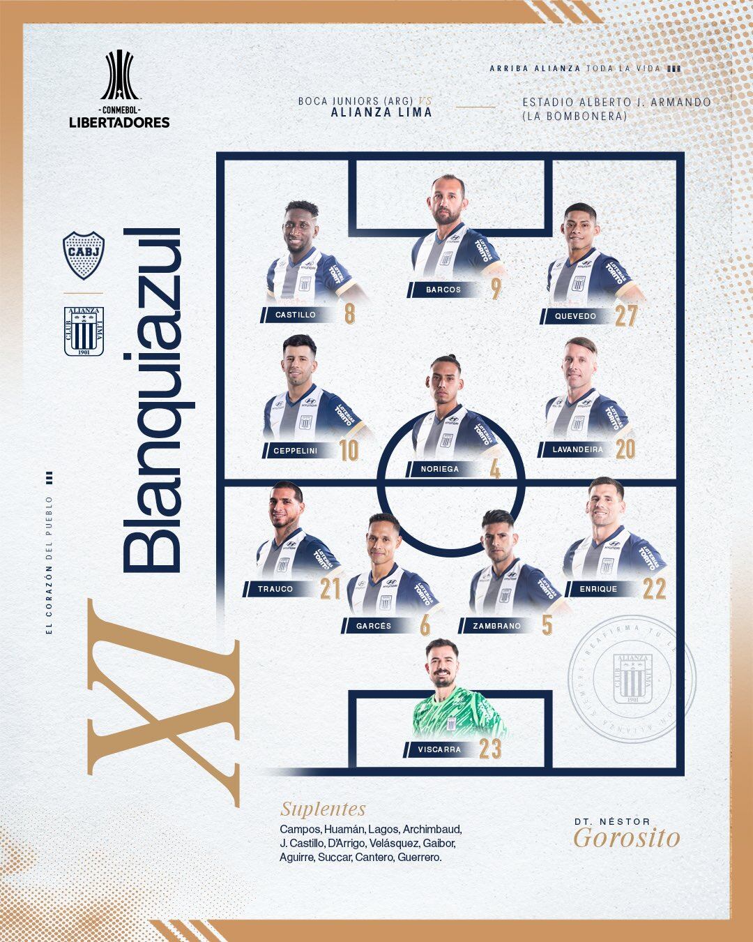 Once de Alianza Lima para la vuelta con Boca Juniors por la Copa Libertadores 2025.