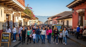 Vista panorámica de una calle empedrada llena de gente en una ciudad colonial guatemalteca, con edificios de colores, tiendas de artesanías y un tuk-tuk.