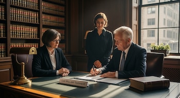 Un hombre y dos mujeres están en una oficina; el hombre firma un documento sobre un escritorio, donde se lee "Last Will and Testament".