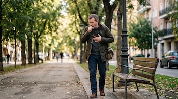 Hombre con chaqueta verde caminando por una calle arbolada, apoyando una mano en el pecho y la otra frente a la boca junto a un banco.