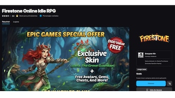 Captura de pantalla de la página de la tienda de Epic Games mostrando el juego Firestone Online Idle RPG con una oferta especial y una guerrera pelirroja