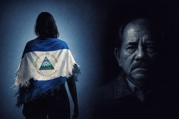 Ilustración de una silueta femenina de espaldas con una bandera nicaragüense deshilachada a la izquierda, y un retrato oscuro de Daniel Ortega a la derecha.