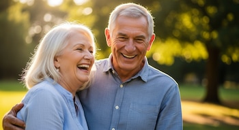 Un hombre y una mujer con cabello gris, ambos de unos 70 años, se abrazan y ríen animadamente al aire libre en un parque con un fondo verde borroso.