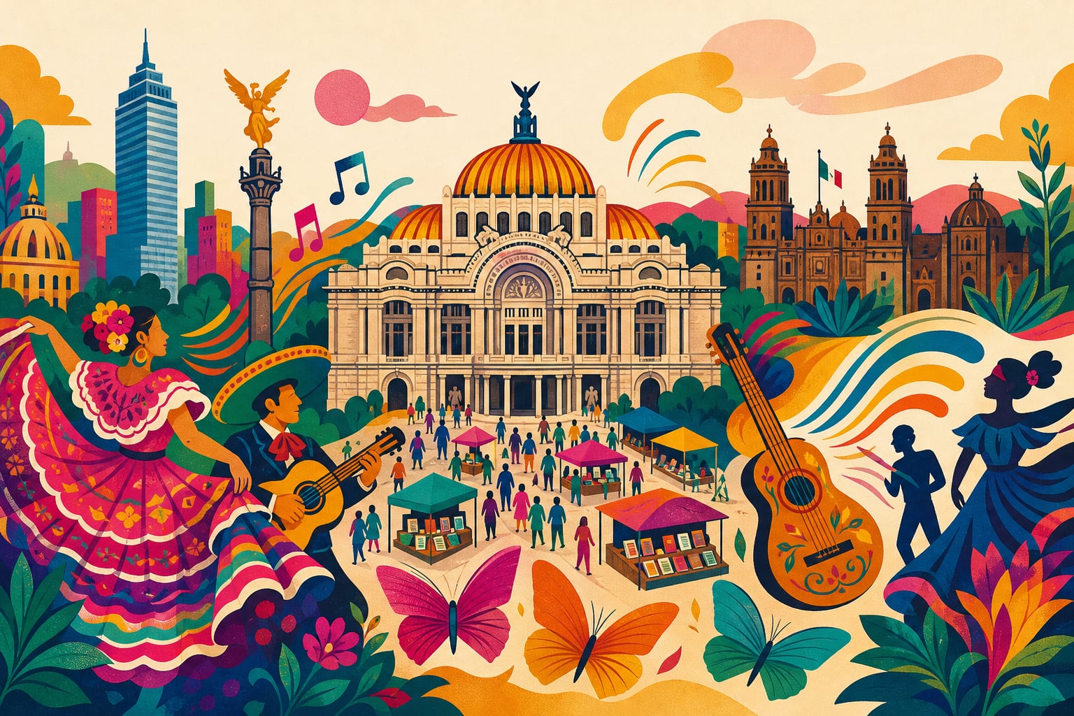Una representación artística reúne monumentos emblemáticos de la Ciudad de México con muestras de danza folclórica, música de mariachi y ferias de libros. (Imagen Ilustrativa Infobae)