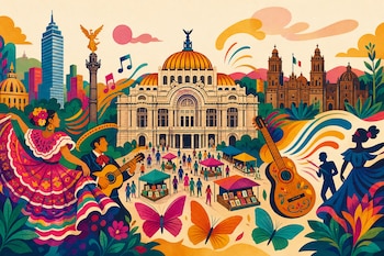 Ilustración con el Palacio de Bellas Artes, el Ángel de la Independencia, músicos, bailarines folclóricos, puestos de libros y mariposas.
