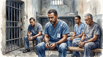 Ilustración en acuarela de cuatro hombres con vestimenta médica y esposas en las manos dentro de una celda con barrotes.