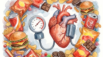 Corazón humano, tensiómetro, hamburguesas, papas fritas, refrescos en lata, bolsas de papas fritas, chocolates, galletas y caramelos.