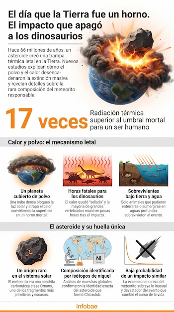 Infografía con ilustraciones de asteroide impactando Tierra, polvo, calor, dinosaurios, animales supervivientes, meteorito y mapa científico.
