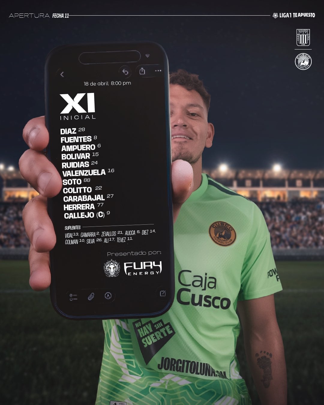 Once de Cusco FC para el duelo ante Alianza Lima por Liga 1 2026.