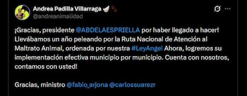 La senadora Andrea Padilla Villarraga, autora de la Ley Ángel, pidió que la nueva ruta de atención contra el maltrato animal se implemente en todos los municipios de Colombia - crédito @andreanimalidad / X