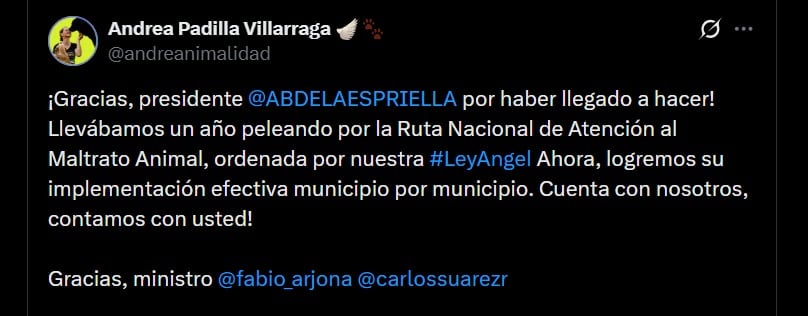 La senadora Andrea Padilla Villarraga, autora de la Ley Ángel, pidió que la nueva ruta de atención contra el maltrato animal se implemente en todos los municipios de Colombia - crédito @andreanimalidad / X