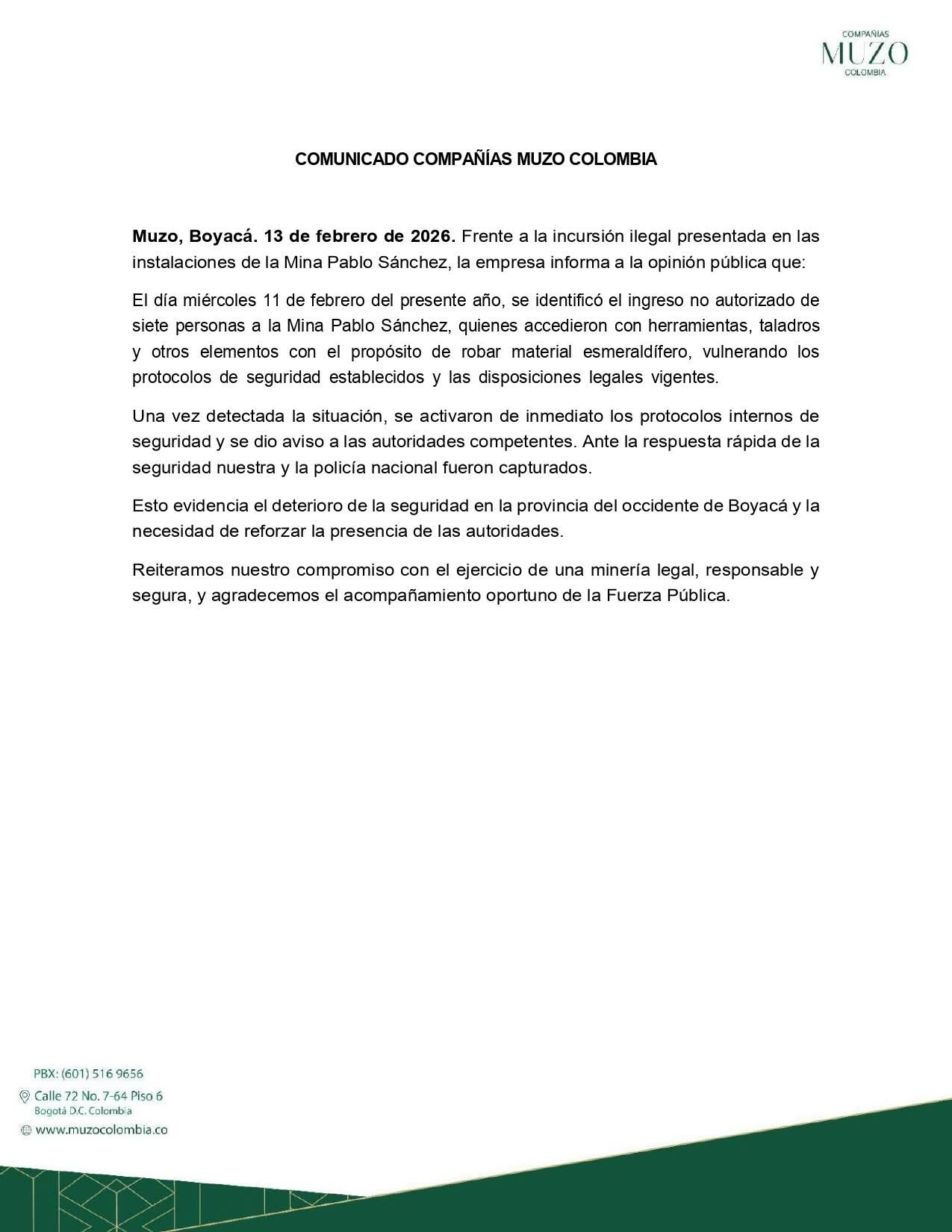 La Compañía Muzo Colombia emitió este comunicado de cara a la irrupción de sujetos en su mina - crédito Compañías Muzo Colombia