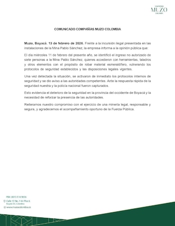 La Compañía Muzo Colombia emitió