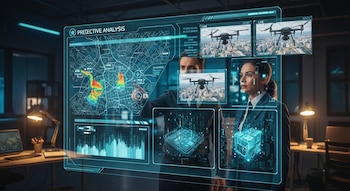 Dos personas observan una pantalla holográfica con un mapa urbano, datos gráficos, imágenes de drones de vigilancia y representaciones de componentes digitales.