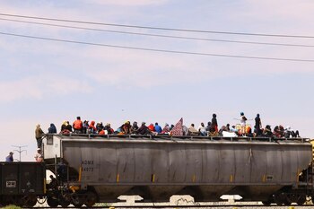 Migrantes viajan en un tren