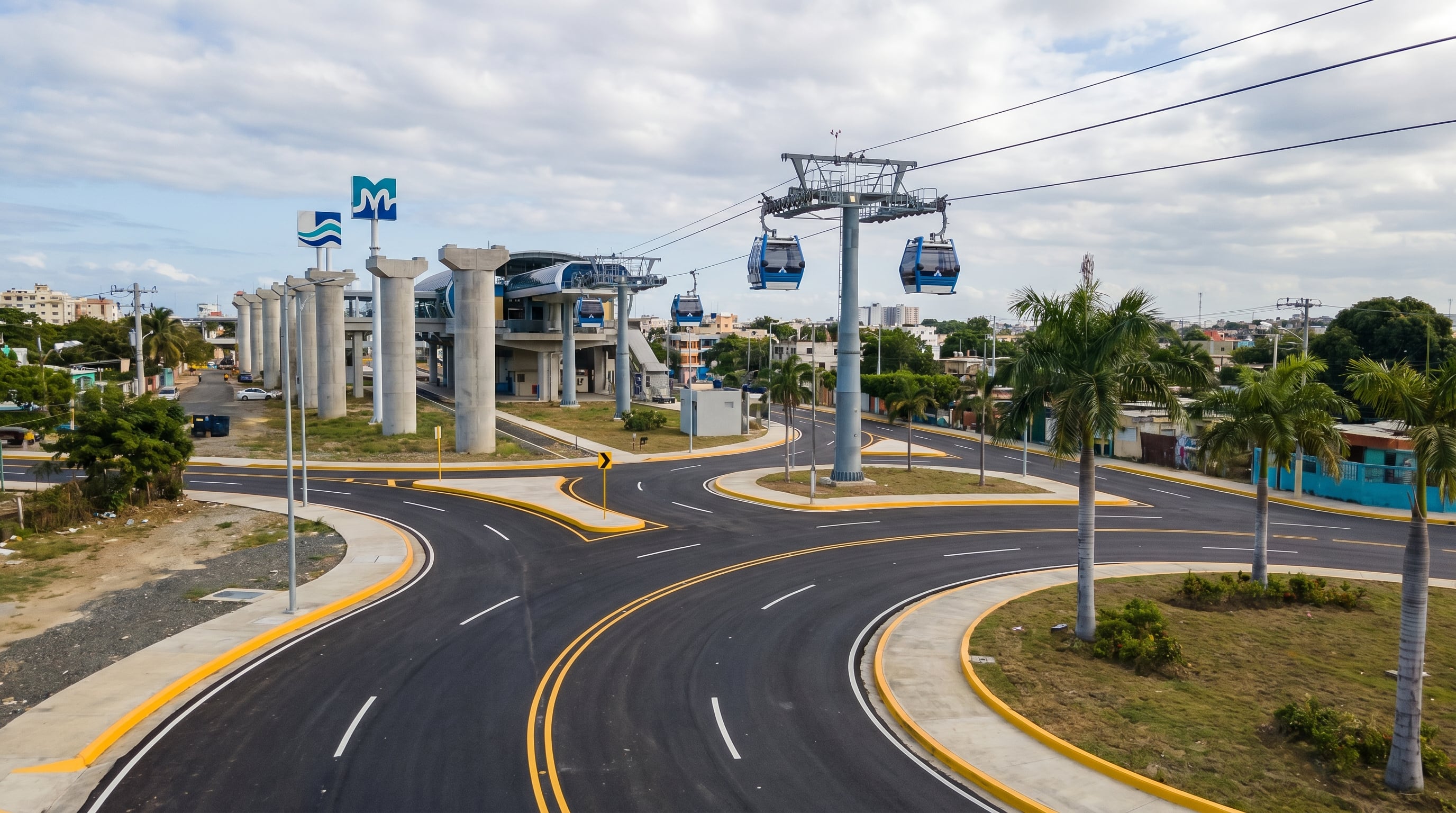 Una intersección vial modernizada en Los Alcarrizos, República Dominicana, muestra vías recién asfaltadas, el teleférico de Santo Domingo con cabinas en movimiento y señales del Metro, simbolizando avance en infraestructura. (Imagen Ilustrativa Infobae)