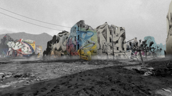 Imagen de un paisaje urbano destruido y desolado con edificios en ruinas que muestran fragmentos del Guernica de Picasso, algunos coloreados