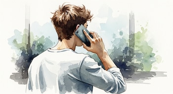 Pintura en acuarela que muestra la espalda de un joven de cabello castaño, con un smartphone oscuro en la oreja y una camisa clara de manga larga. Fondo difuso de acuarela.