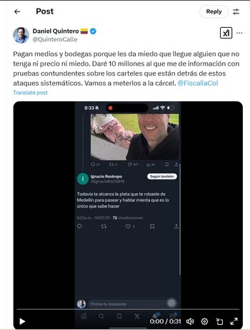 Daniel Quintero ofrece 10 millones