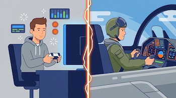 Ilustración dividida verticalmente. Izquierda: un joven juega con un joystick. Derecha: un piloto en una cabina de avión, con las manos en los controles.