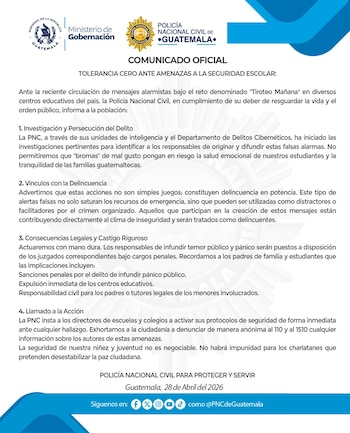 Documento oficial de la Policía Nacional Civil de Guatemala en español, mostrando logos institucionales y un texto sobre medidas contra amenazas a la seguridad escolar