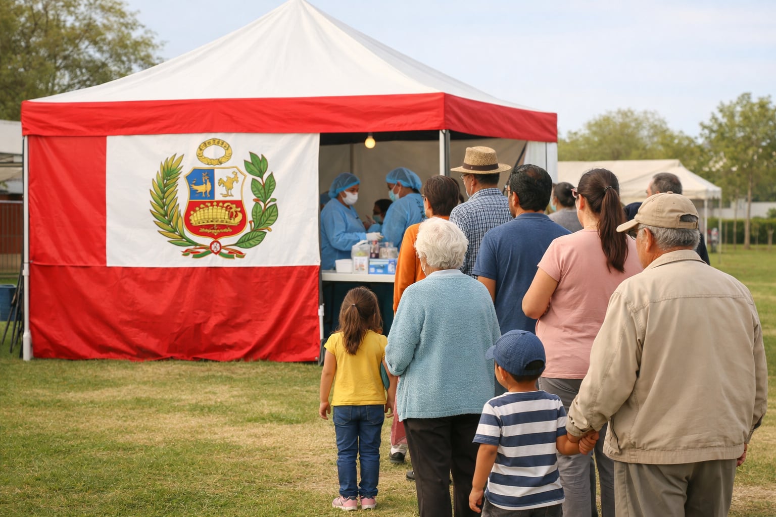 Personas de diferentes edades hacen fila frente a un puesto de vacunación móvil del Ministerio de Salud de Perú para recibir la vacuna en una campaña comunitaria al aire libre. (Imagen Ilustrativa Infobae)