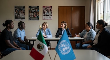 Seis personas, dos expertas formales y cuatro miembros de la comunidad, conversan alrededor de una mesa en un centro cultural con banderas de México y ONU.