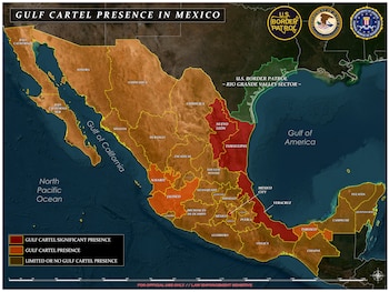 Mapa compartido por las autoridades de EEUU con lo presuntos puntos de presencia del Cártel del Golfo en México. Crédito: DOJ