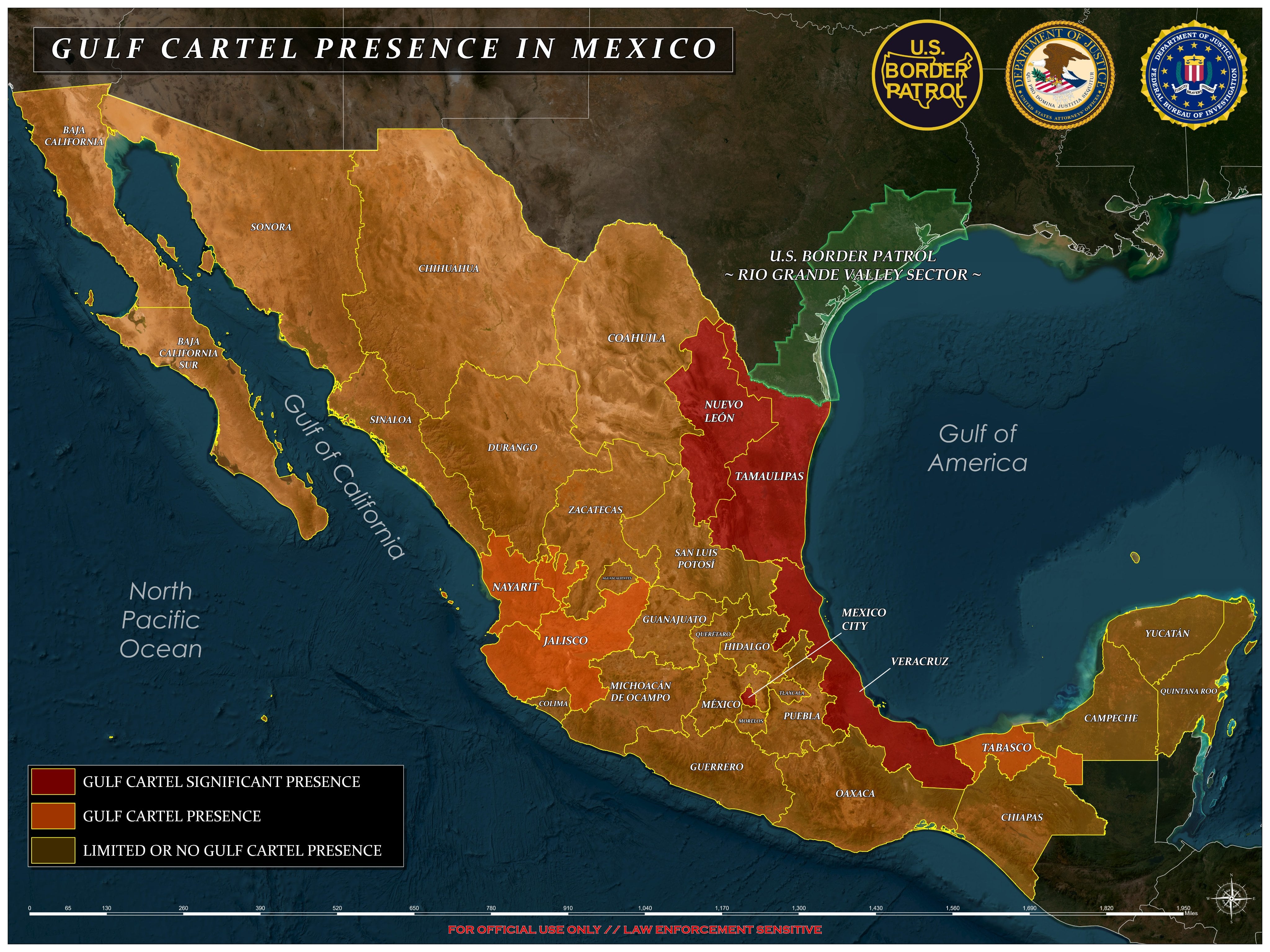Mapa compartido por las autoridades de EEUU con lo presuntos puntos de presencia del Cártel del Golfo en México. Crédito: DOJ
