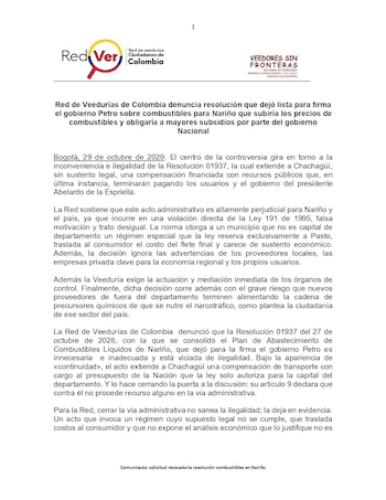 La Red de Veedurías de Colombia solicitó revocar la Resolución 01937 sobre el abastecimiento de combustibles en Nariño. (Red de Veedurías de Colombia)