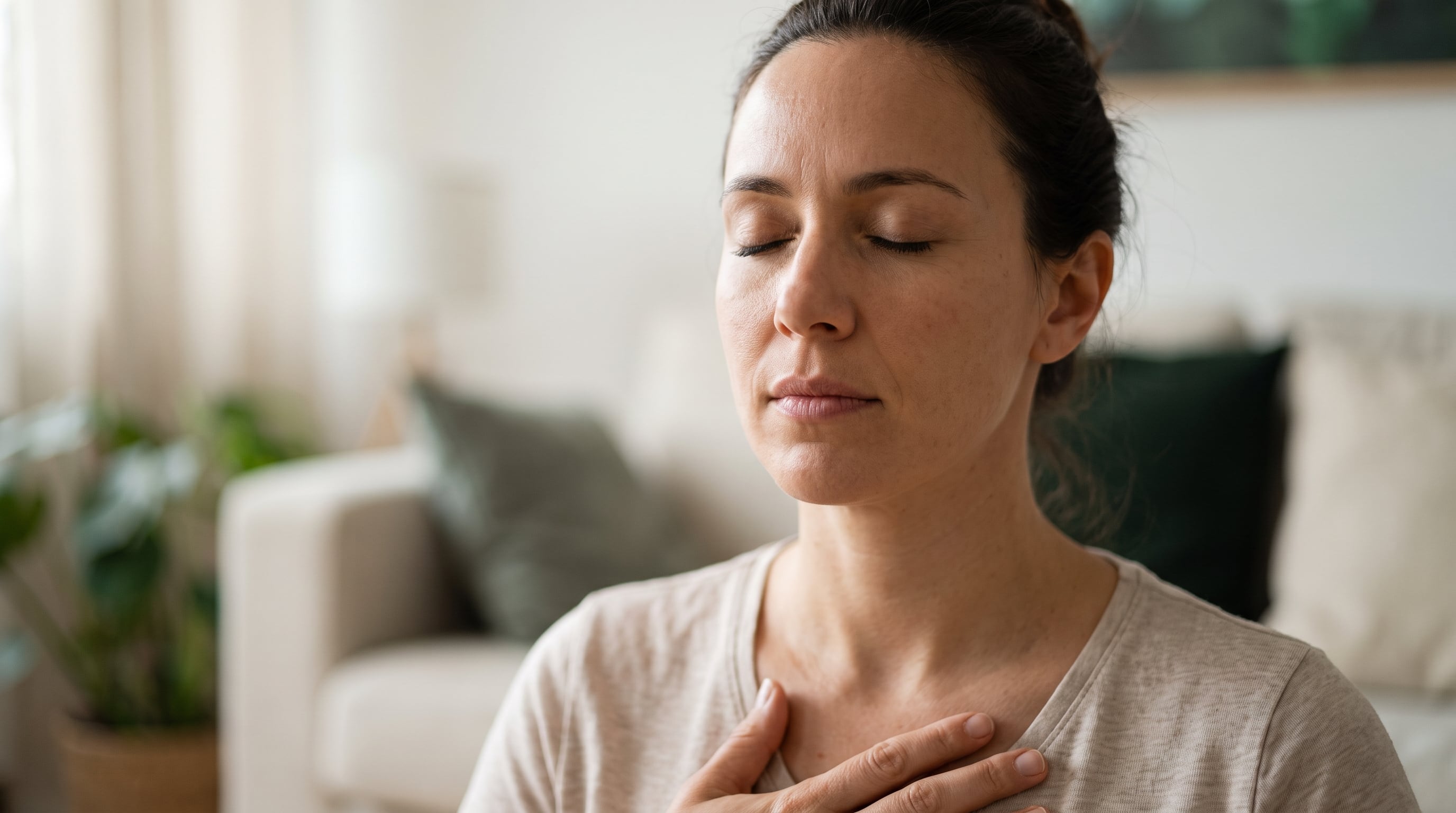 Una mujer realiza ejercicios de respiración pausada para prevenir un ataque de ansiedad. (Imagen Ilustrativa Infobae)