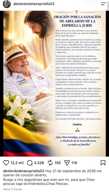 Padre del presidente colombiano informó que enfrentará una intervención de corazón abierto - crédito abelardodelaespriella53/Instagram